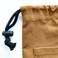 Image 5 of Drawstring Pouch Bag with Pocket. Upcycled Canvas. Tan/Black 004