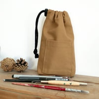 Image 1 of Drawstring Pouch Bag with Pocket. Upcycled Canvas. Tan/Black 004