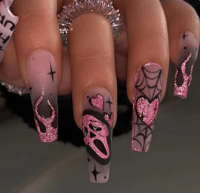 Glitter Pink Sequin Fake Nail Patch Scary Skull Love Heart Pattern Artificial Nails 