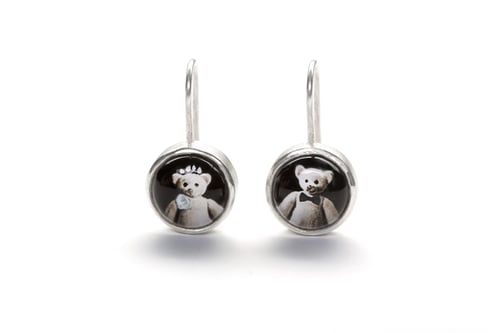 Image of "A union for the.." teddy-bear silver earrings with photos, rock crystal  · CONSORTIUM.. ·