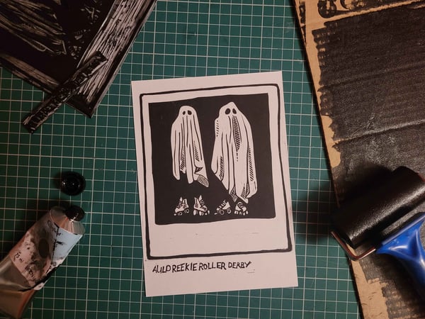 Image of Ghosts on skates A5 lino print