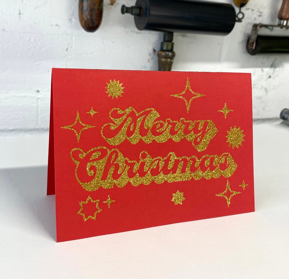 Image of Glitter Screen Printing Christmas card workshop.  Sun. Dec 1st. 3 hour lesson 12pm-3pm