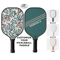 Image 1 of Green and Tan Leopard Custom Pickleball Paddle and Sporty Red Stripes with Your Name