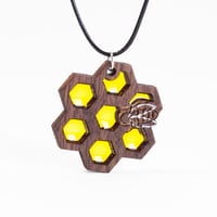 Image 1 of Bumble Bee on a Honey Comb - Wooden Pendant with Resin