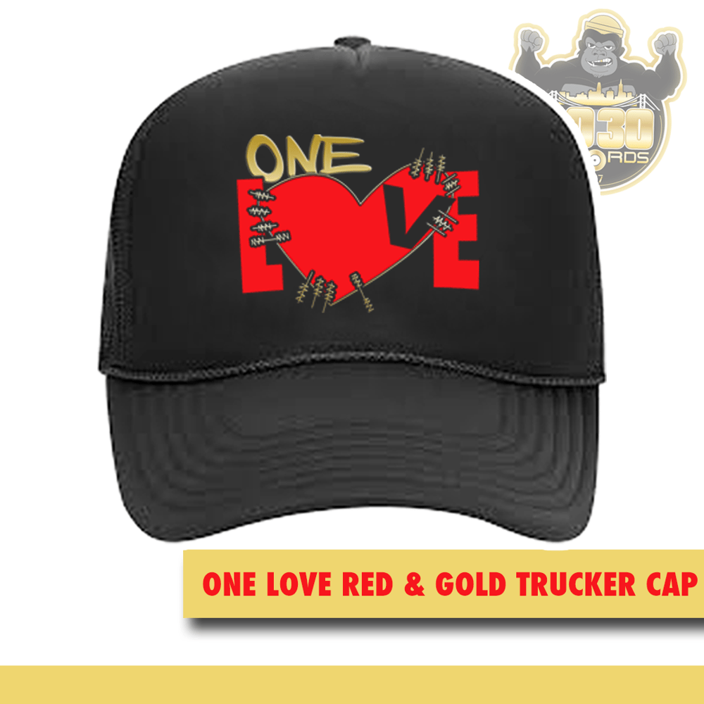 Image of ONE LOVE FOAM TRUCKER CAP RED & GOLD (embroidered)