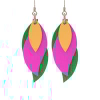 Image 1 of Australian made leather earrings - Leaf. Soft apricot orange, fluro hot pink, fern green [LPG-431]