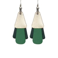 Australian leather earrings - 'Jazz'. Gold, emerald green, dark forest green [JGG-924]