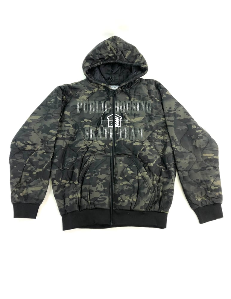 Image of WORLD WAR 3 BLACK CAMO ZIPPERED JACKET