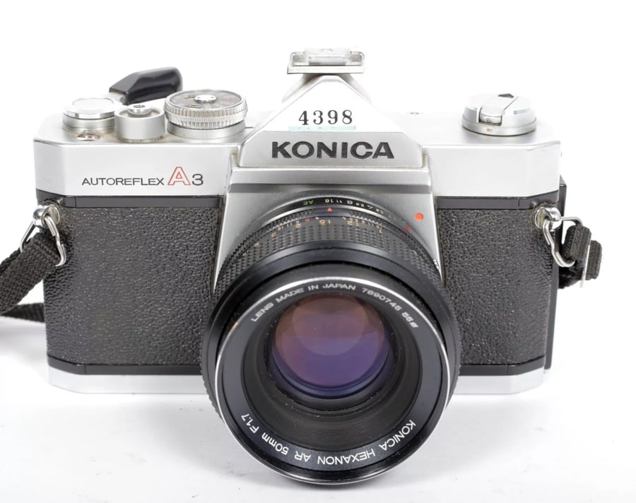 Image of Konica Autoreflex A3 35mm SLR film camera with Hexanon AR 50mm F1.7 lens #4398