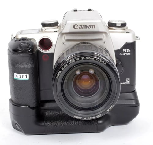 Image of Canon EOS ELAN IIE 35mm SLR Film Camera with 35-105mm zoom lens + GRIP #4401