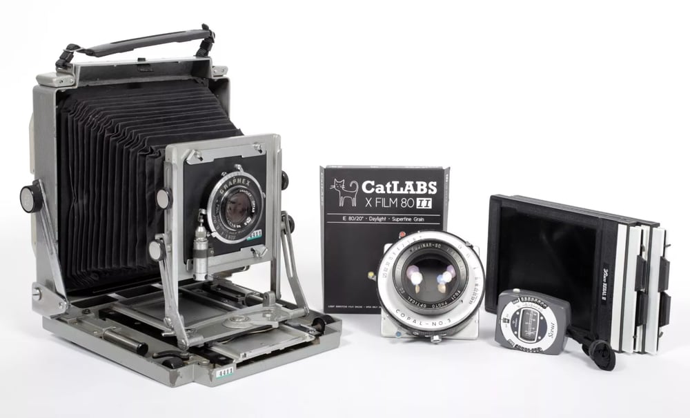 Image of Toyo 4X5 metal field camera with 127mm + 210mm lenses + holders + Film #4411