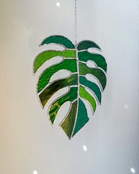 Image 3 of Monstera Leaf Stained Glass Suncatcher – Patched Green