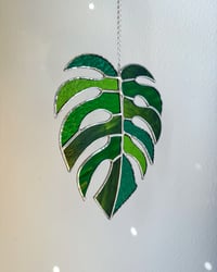 Image 2 of Monstera Leaf Stained Glass Suncatcher – Patched Green