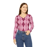 Image 2 of Women's Multicolor Pink Argyle Long Sleeve Top – Trendy Lightweight Polyester Shirt