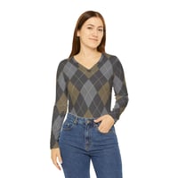 Image 2 of Women's Multicolor Grey & Tan Argyle Long Sleeve Top – Trendy Lightweight Polyester Shirt