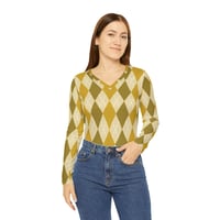 Image 2 of Women's Multicolor Green/Gold & Beige Argyle Long Sleeve Top – Trendy Lightweight Polyester Shirt