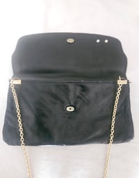 Image 3 of Vintage black real leather gold chain strap clutch clasp envelope bag 