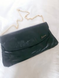 Image 1 of Vintage black real leather gold chain strap clutch clasp envelope bag 