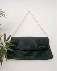 Image 6 of Vintage black real leather gold chain strap clutch clasp envelope bag 