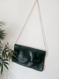 Image 2 of Vintage black real leather gold chain strap clutch clasp envelope bag 