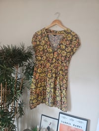 Image 1 of Vintage orange and yellow fitted floral button tea dress UK 10