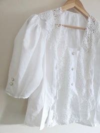 Image 2 of Vintage white lace embroidered puff sleeve blouse UK 12 14 
