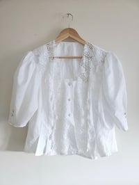 Image 1 of Vintage white lace embroidered puff sleeve blouse UK 12 14 
