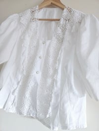 Image 7 of Vintage white lace embroidered puff sleeve blouse UK 12 14 