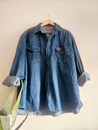 Image 1 of PRISSY VINTAGE Oversized dickies stonewashed blue denim shirt / dress UK 12 14 16 