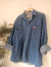 Image 5 of PRISSY VINTAGE Oversized dickies stonewashed blue denim shirt / dress UK 12 14 16 