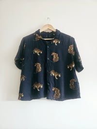 Image 1 of Vintage navy blue leopard motif print raw hem shirt UK 10