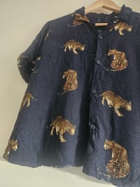 Image 2 of Vintage navy blue leopard motif print raw hem shirt UK 10