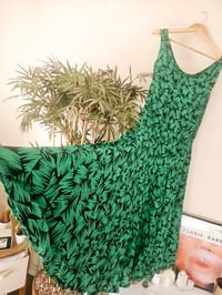 Image 2 of Vintage green black leaf print a-line gathered dress UK 12 14 16