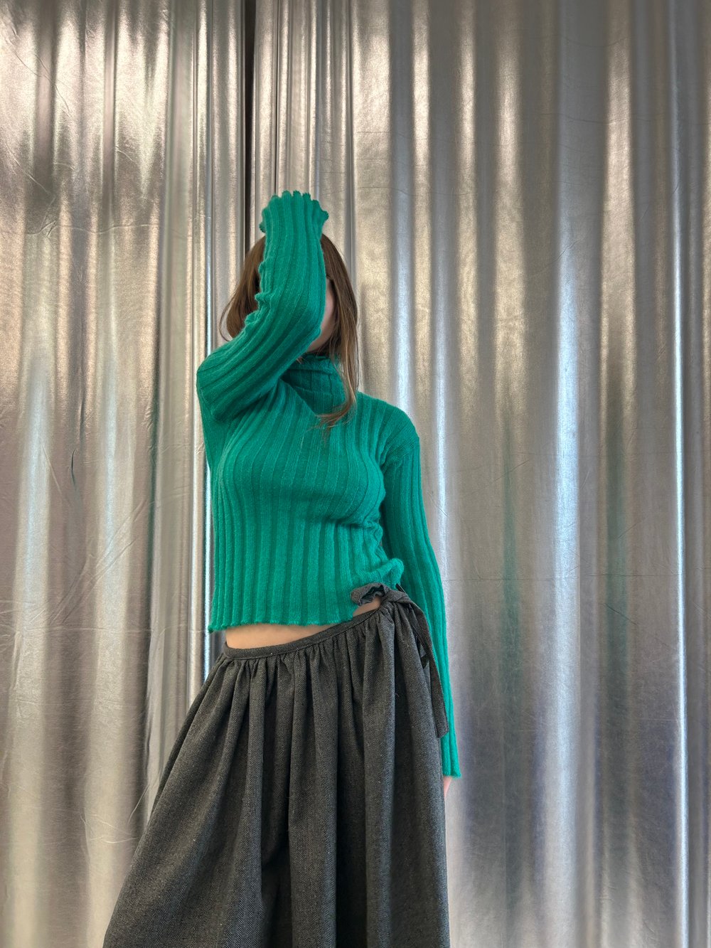 Long sleeve sweater with ribb knit green mohair 