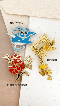 Plum Blossom, Narwhal, Ginkgo Hard Enamel Pin