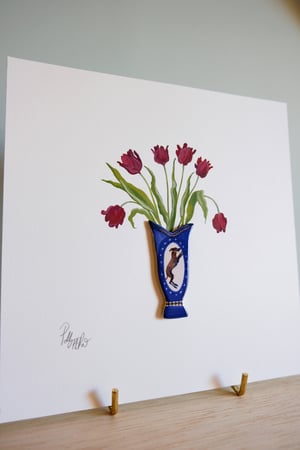 Image of Original Miniature Ceramic Painting - Cobalt Vase with Tulips