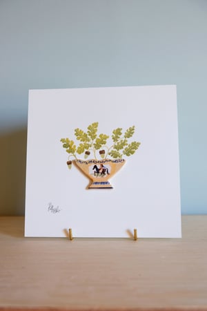 Image of Original Miniature Ceramic Painting - Woman on Horse with Oak leaves