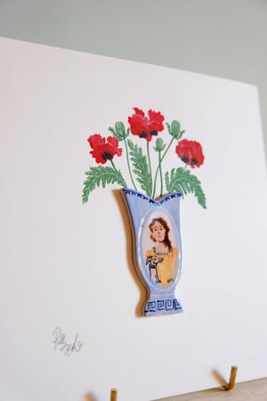 Image of Original Miniature Ceramic Painting - Woman & Whippet Vase with Poppies