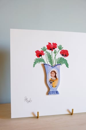 Image of Original Miniature Ceramic Painting - Woman & Whippet Vase with Poppies