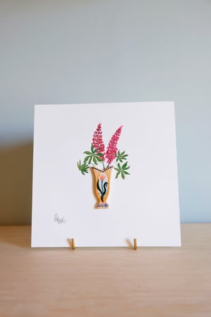 Image of Original Miniature Ceramic Painting - Tulip Vase with Lupins