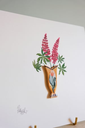 Image of Original Miniature Ceramic Painting - Tulip Vase with Lupins