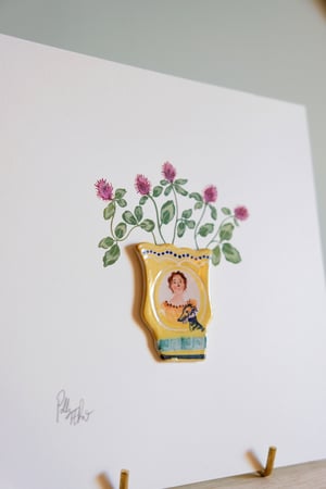Image of Original Miniature Ceramic Painting - Woman with Whippet yellow vase and Clover