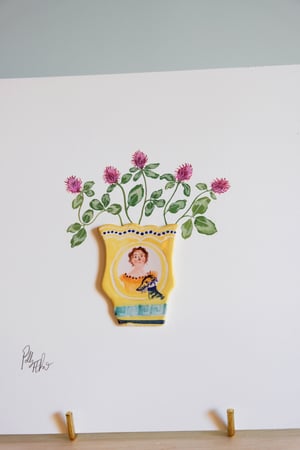 Image of Original Miniature Ceramic Painting - Woman with Whippet yellow vase and Clover