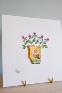 Image 4 of Original Miniature Ceramic Painting - Woman with Whippet yellow vase and Clover