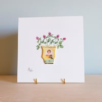 Image 1 of Original Miniature Ceramic Painting - Woman with Whippet yellow vase and Clover