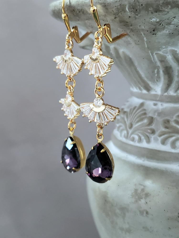 Image of Purple Rhinestone Earrings - 1920s Art Deco Jewelry - Great Gatsby Wedding - 1920s Flapper Earrin...