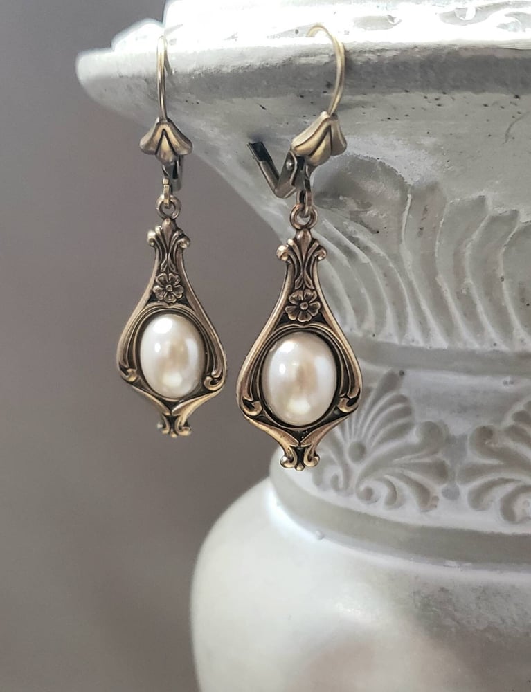 Image of Edwardian Pearl Earrings - Edwardian Style Jewelry - Alfons Mucha - Art Nouveau Drop Earrings - G...