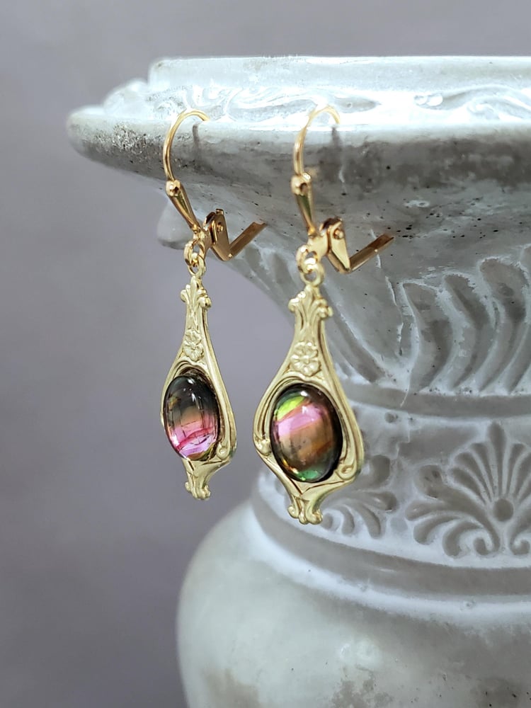 Image of Aurora Borealis Art Nouveau Earrings - Rococo Jewelry - Vintage Style Rainbow Earrings - Historic...