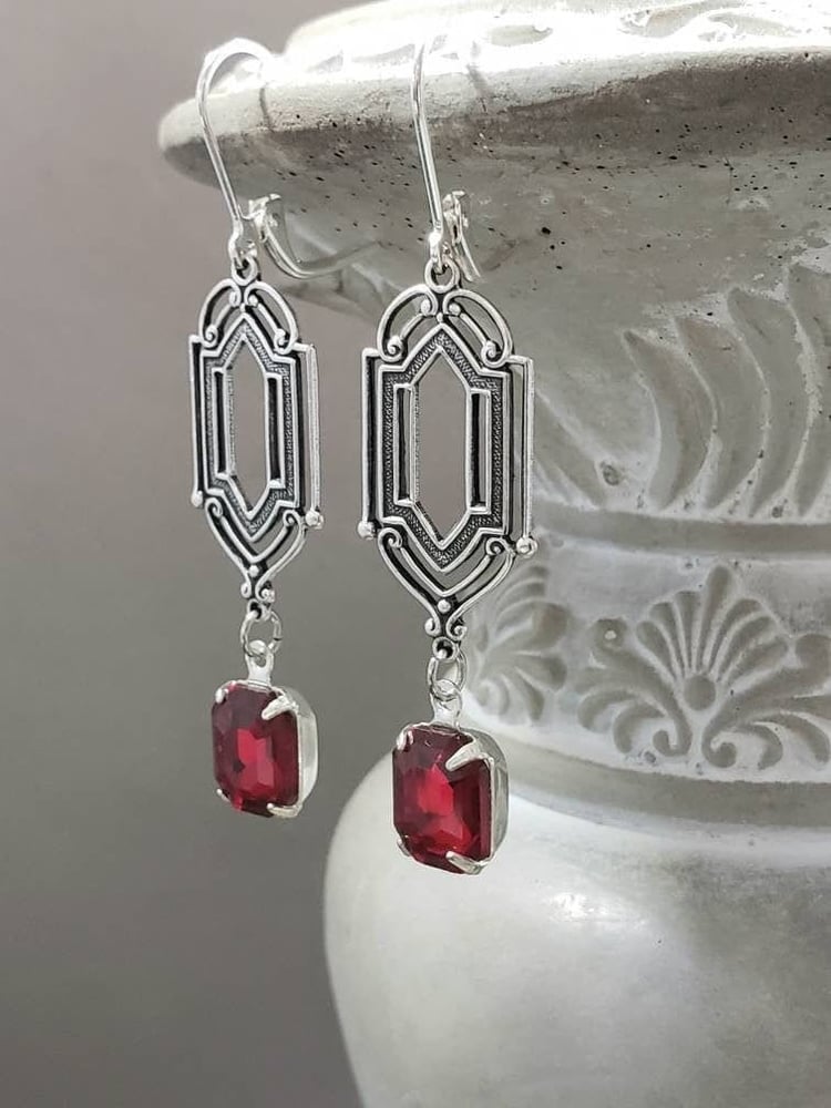 Image of Silver and Red Art Deco Earrings - 1920s Art Deco Jewelry - 1920s Earrings - Jewelry for Flapper ...