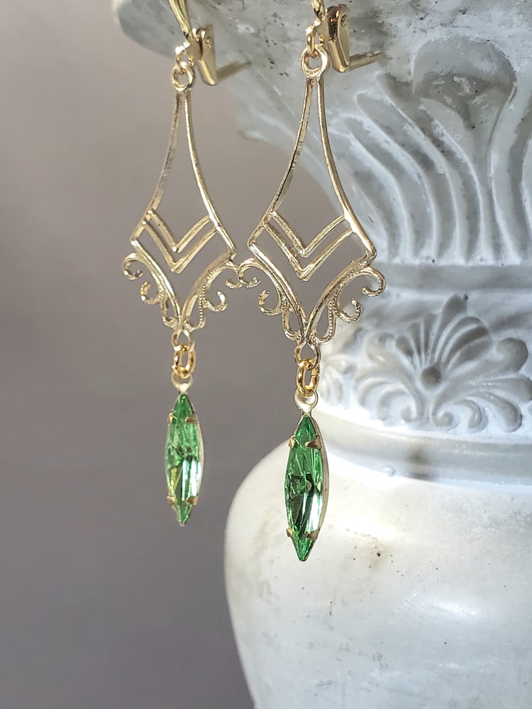 Image of Gold and Peridot Green Art Deco Earrings - 1920s Art Deco Jewelry - 1920s Earrings - Edwardian St...